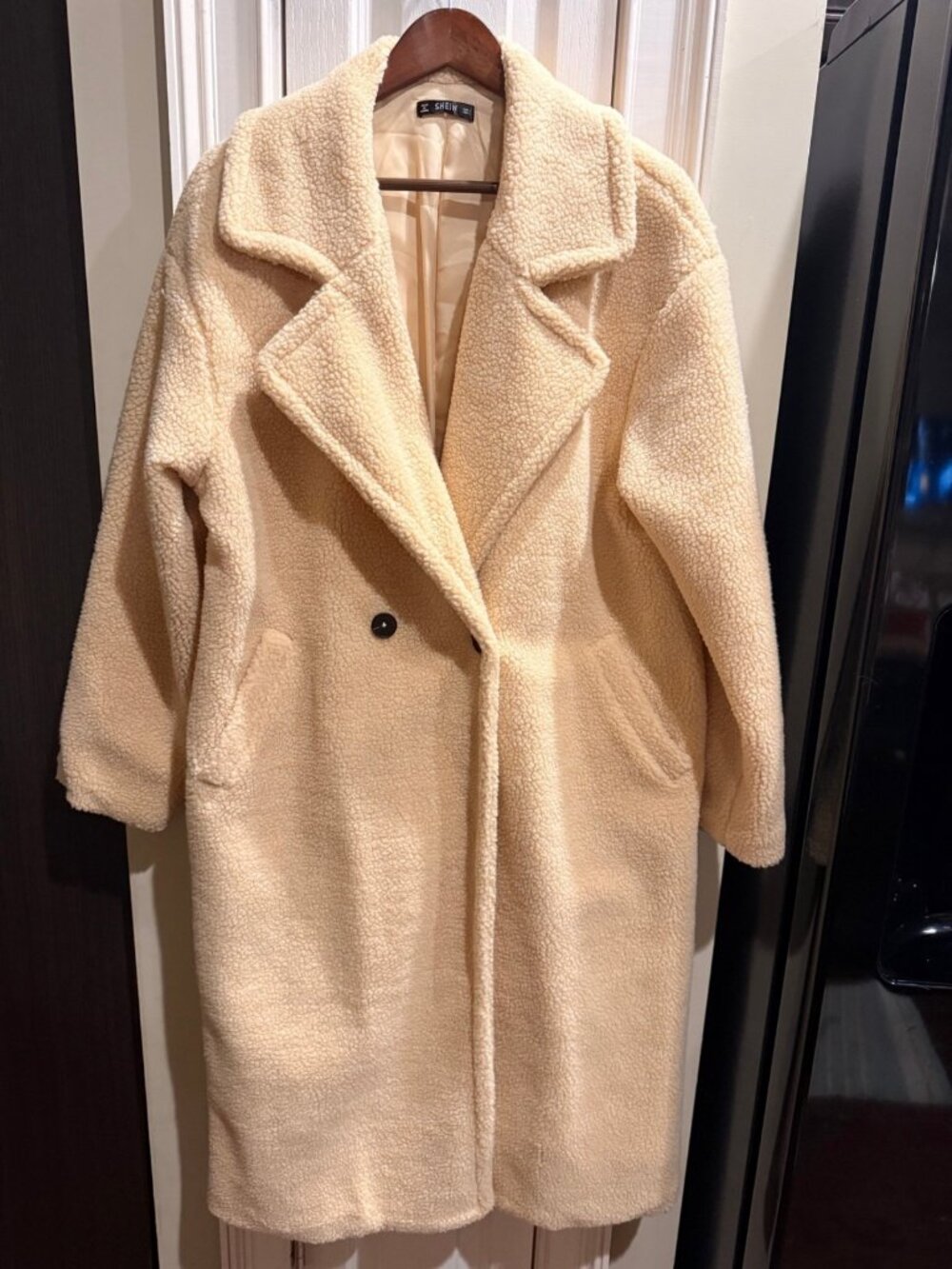 SHEIN teddy bear coat womens L cream long double breasted